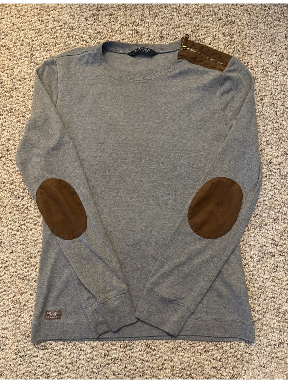 LAUREN Ralph Lauren long sleeve brown suede elbow patches top